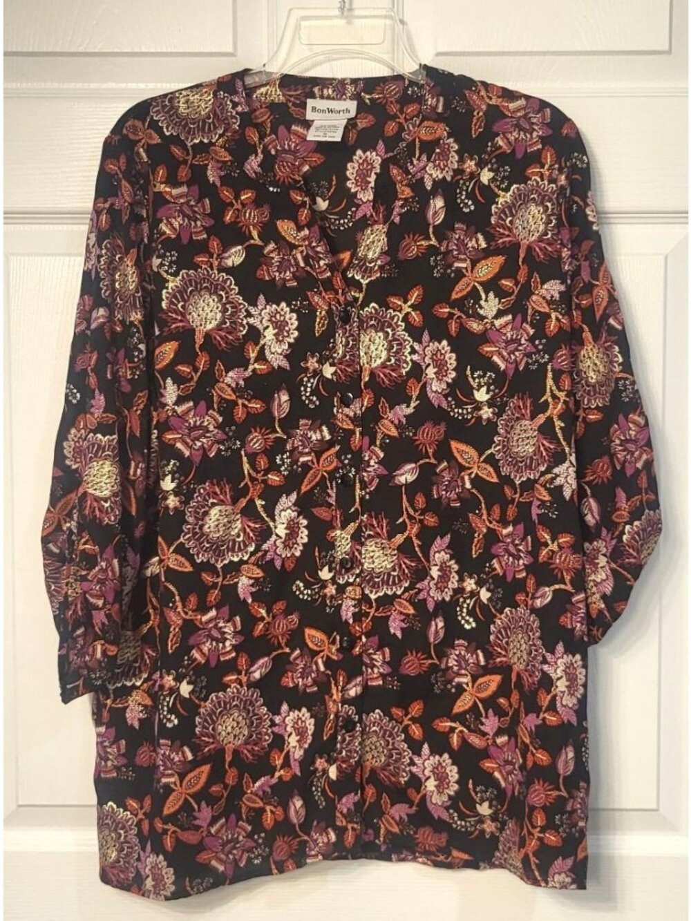 Bonworth Floral V-neck Blouse L Roll-tab Sleeve Button Front